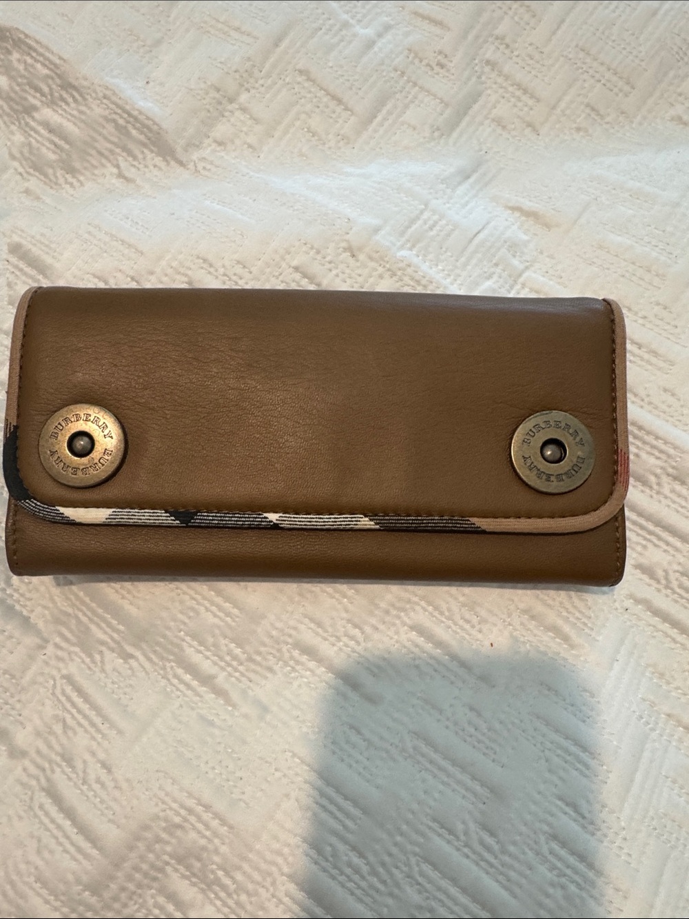 Burberry Tan Leather Snap-Button Continental Wallet with Check Trim - Picture 1 of 6